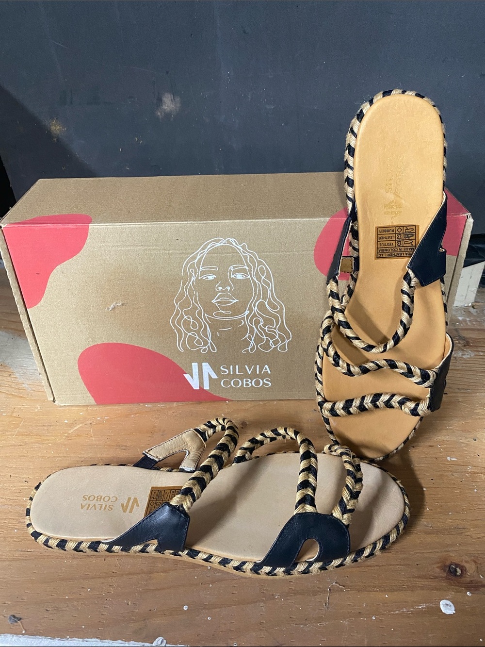 Silvia Cobos Black & Tan Braided Slide Sandals